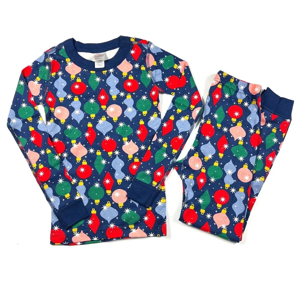 Hanna Andersson Kids 6-7 Shiny Bright Ornaments Organic Cotton Pajamas Navy Blue